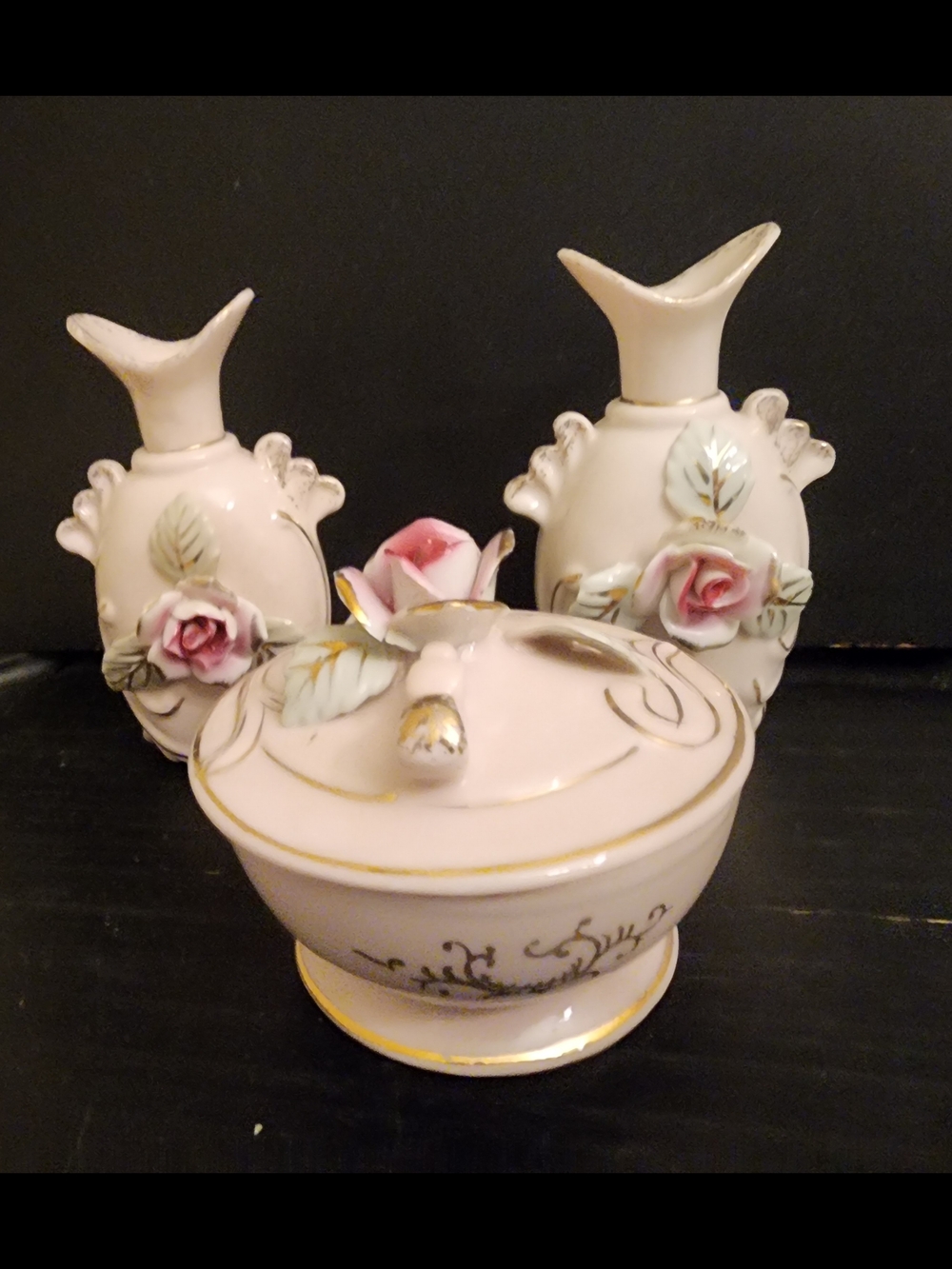 vintage porcelain vanity set 2 Perfume Bottles & Trinket Dish With Lid Hand Pain